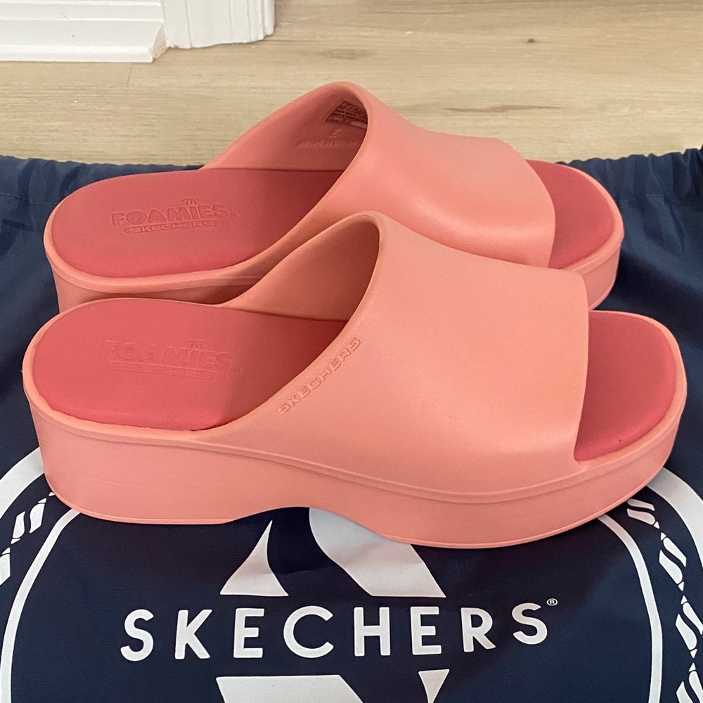 Skechers Coral Pink Foamies Slide Platform Mules